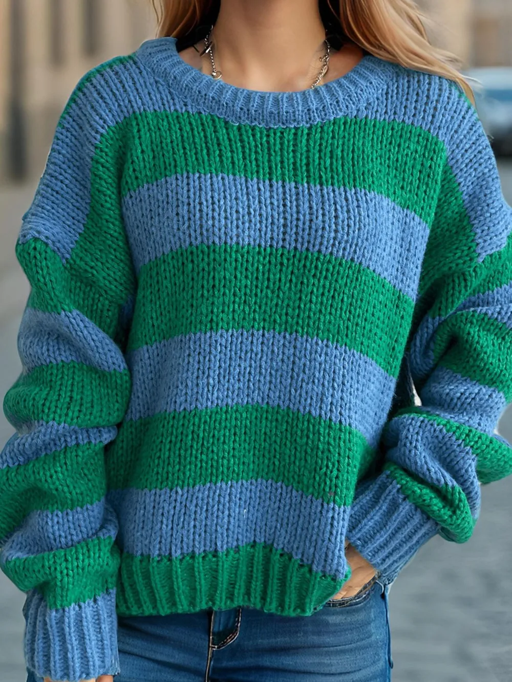 Contrast Striped Round Neck Long Sleeve Sweater, image 2