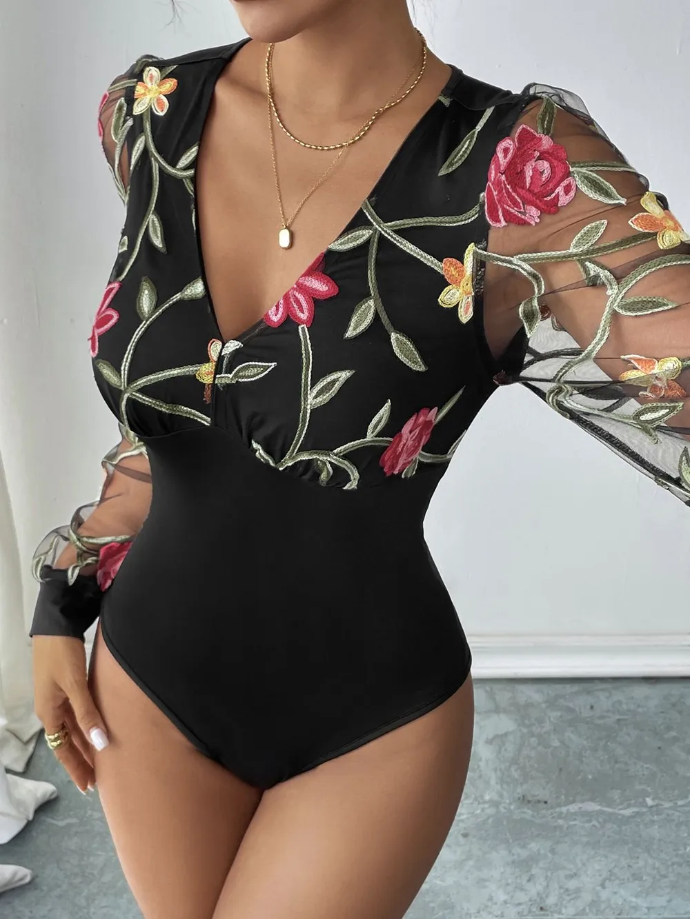 Embroidered V-Neck Long Sleeve Bodysuit, image 3