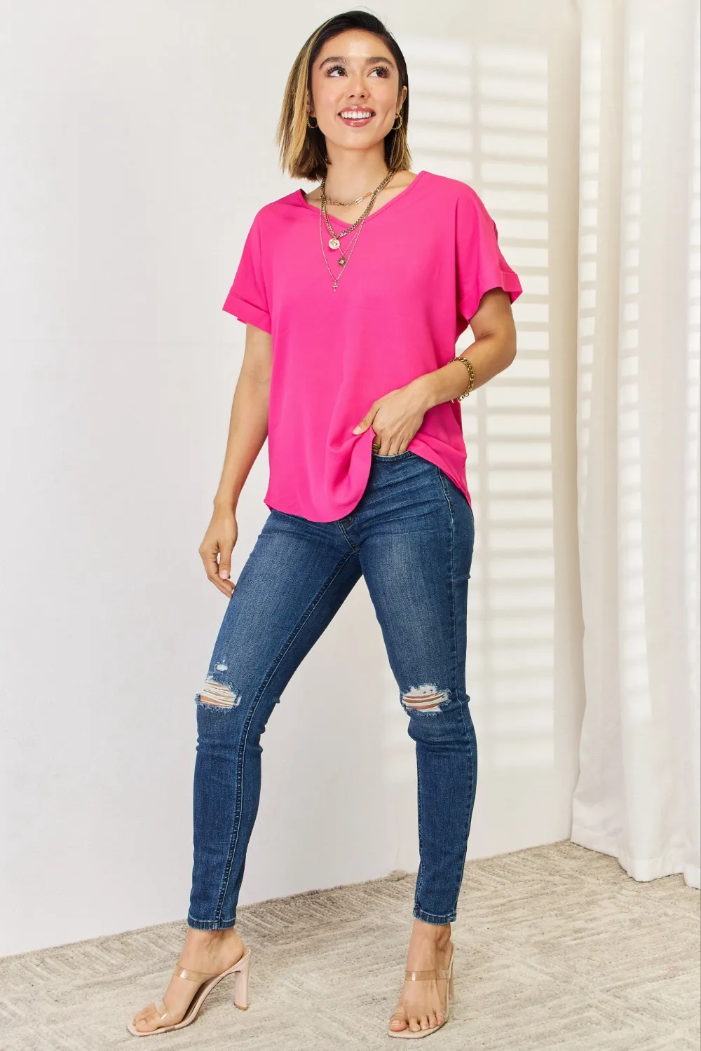V-Neck Rolled Short Sleeve T-Shirt, image 5