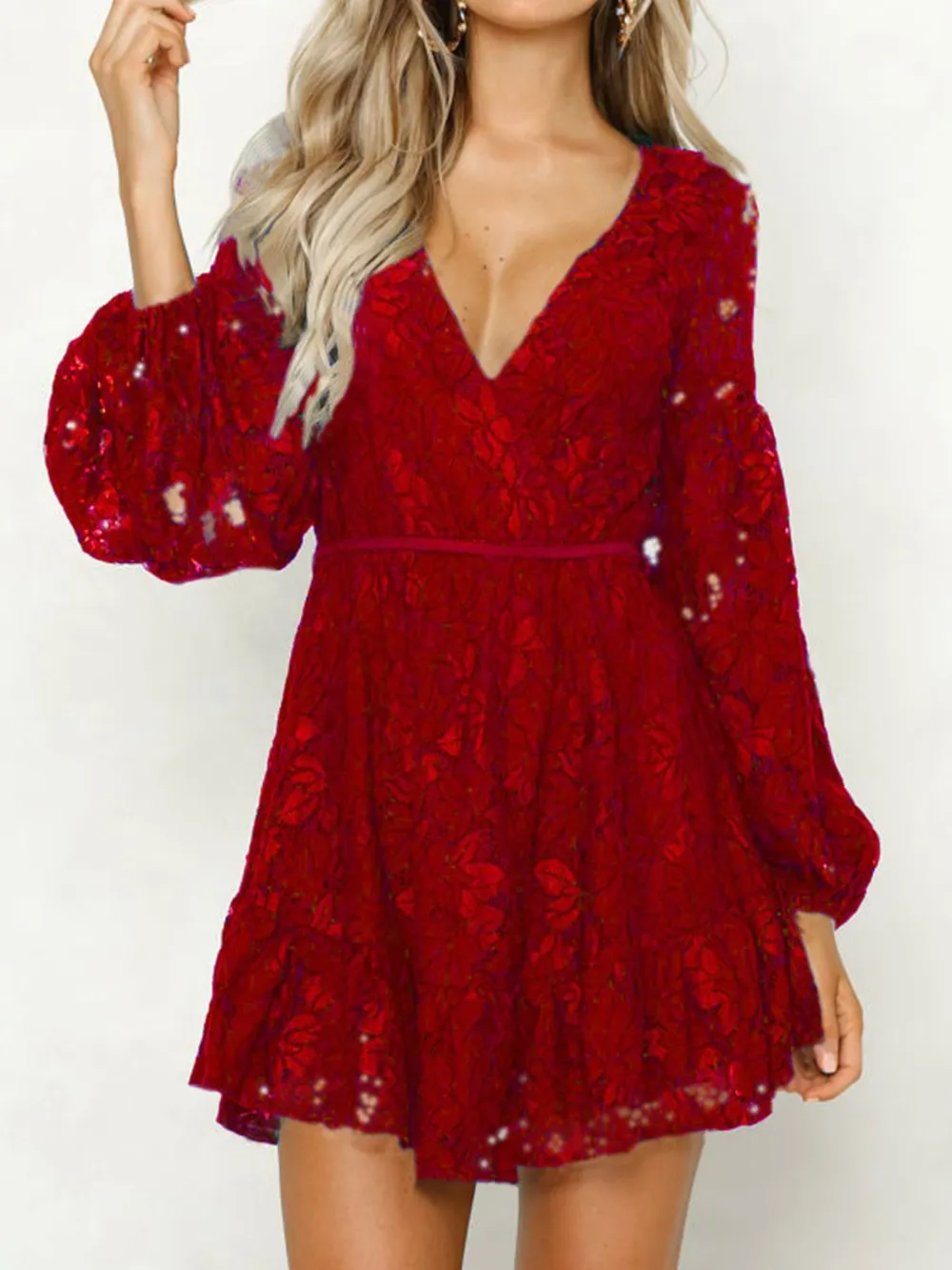 Lace V-Neck Long Sleeve Mini Dress, image 5
