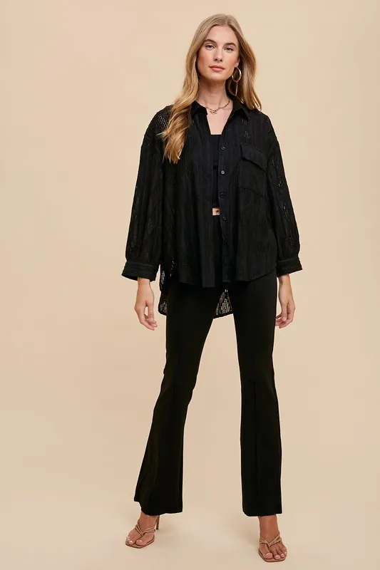 Openwork Button Down Drop Shoulder Shirt, image 4