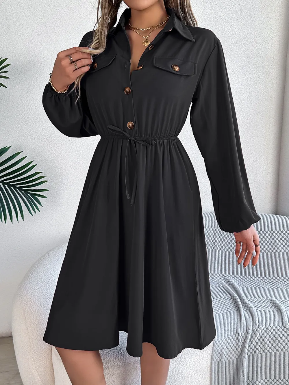 Collared Neck Long Sleeve Dress with Pockets, image 16