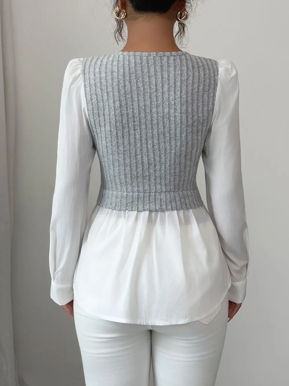Ribbed Knit Splicing Contrast Long Sleeve Blouse, image 3