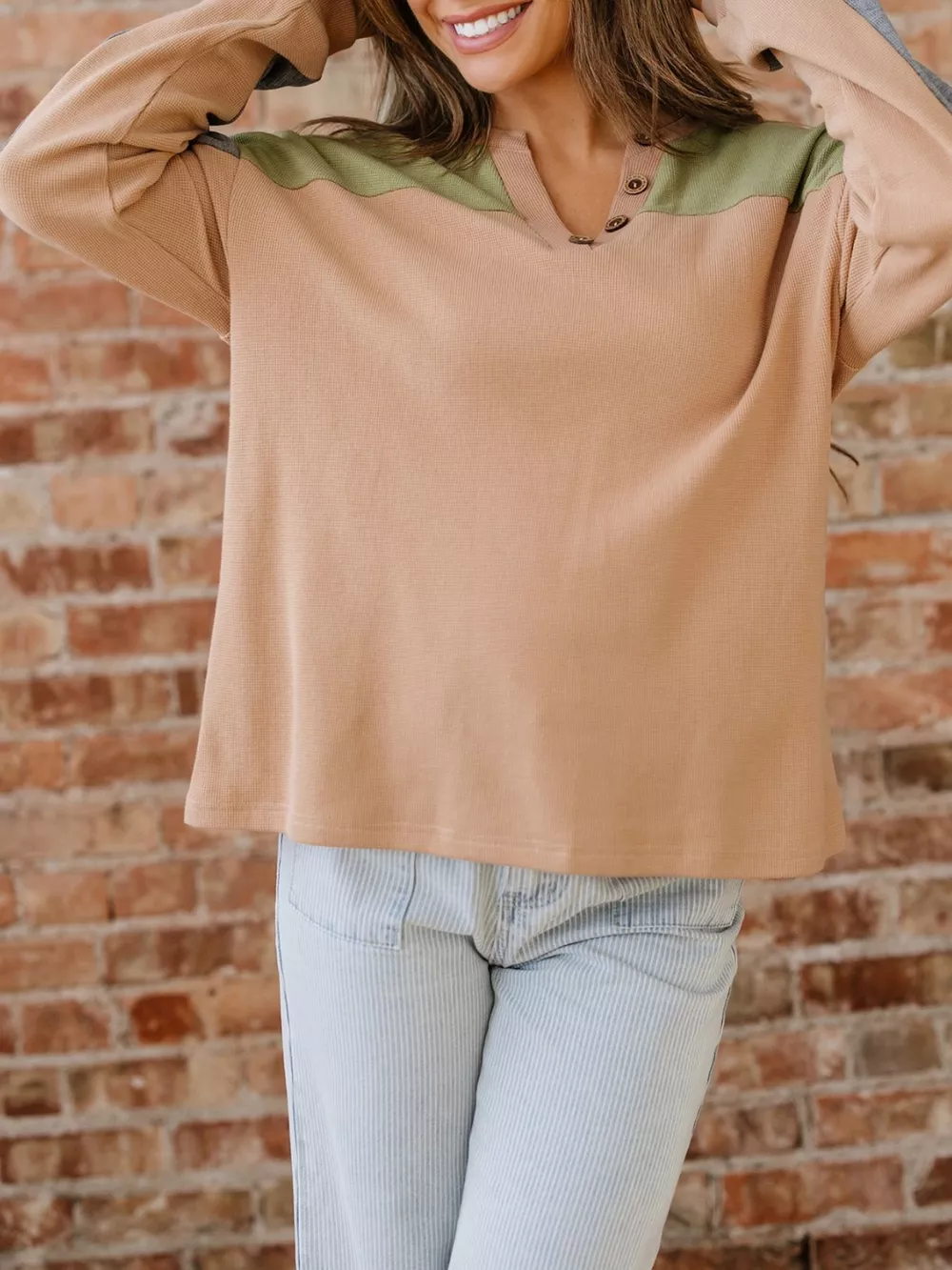 Color Block Thermal Textured Knit Drop Shoulder Henley Top, image 3