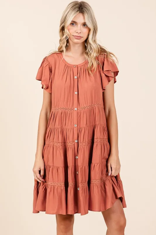 Lace Detail Ruffled Button Down Tiered Dress, image 2