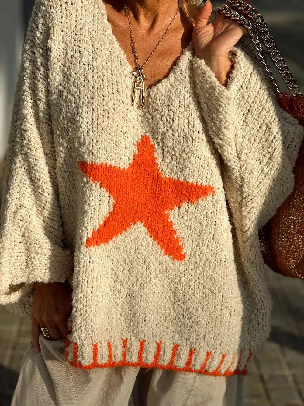Star V-Neck Long Sleeve Oversize Sweater, image 6