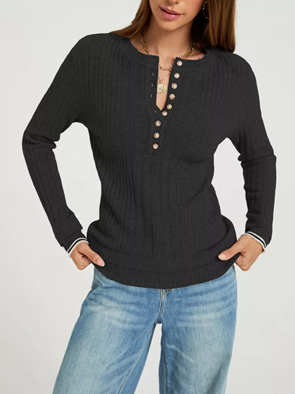 Button Detail Ribbed Knit Top, image 5