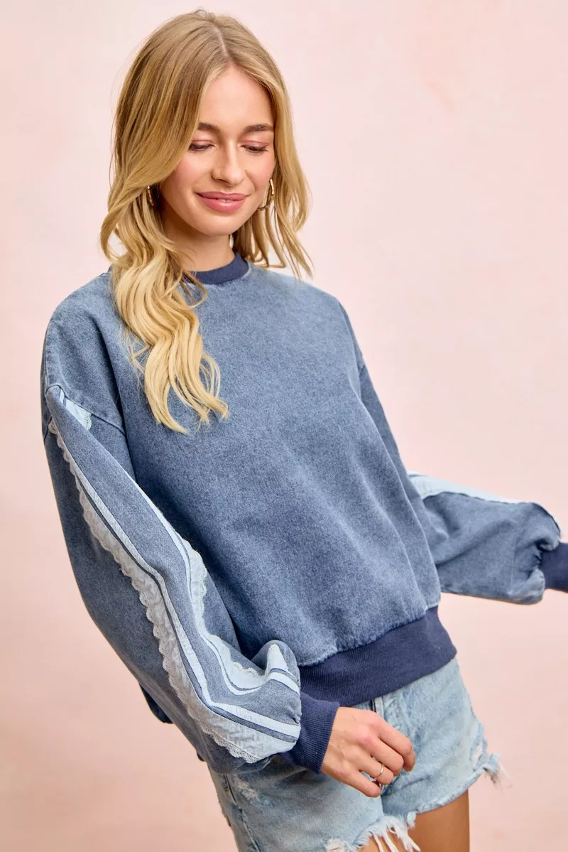 BiBi Washed Denim Lace Contrast Sided Sweatshirt, image 6