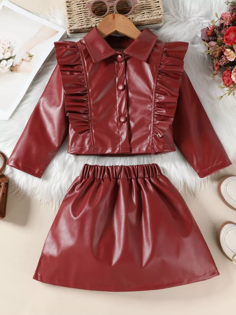 Children's Ruffled Faux Leather Top and Skirt Set, image 9