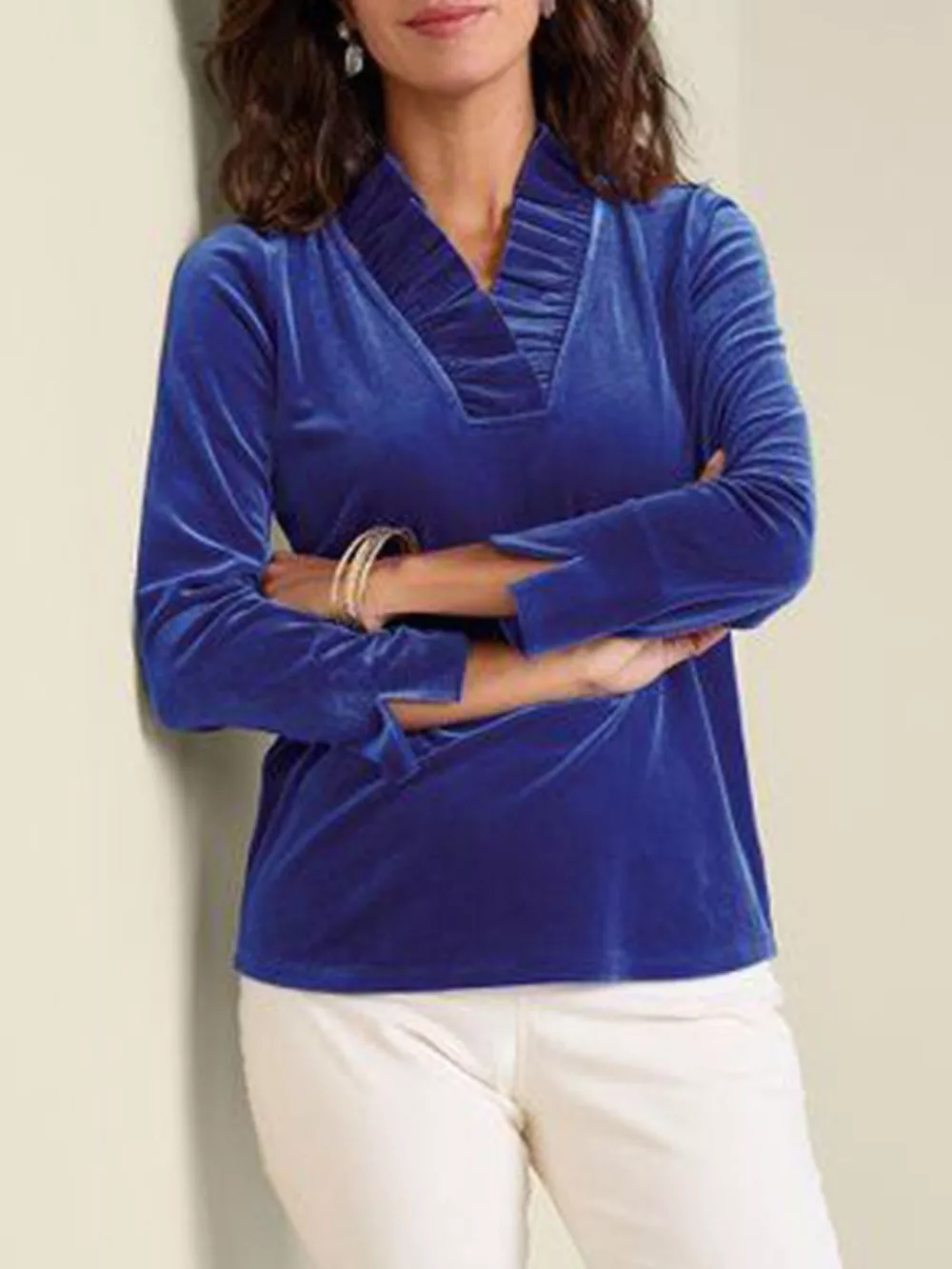 Velvet Long Sleeve Blouse with Ruffled V-Neck, image 4