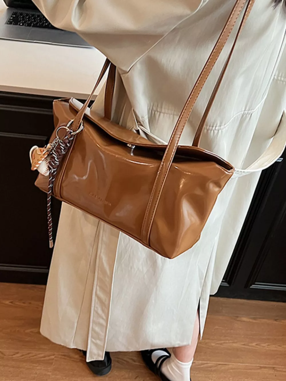 Solid Color Leather Shoulder Bag, image 4