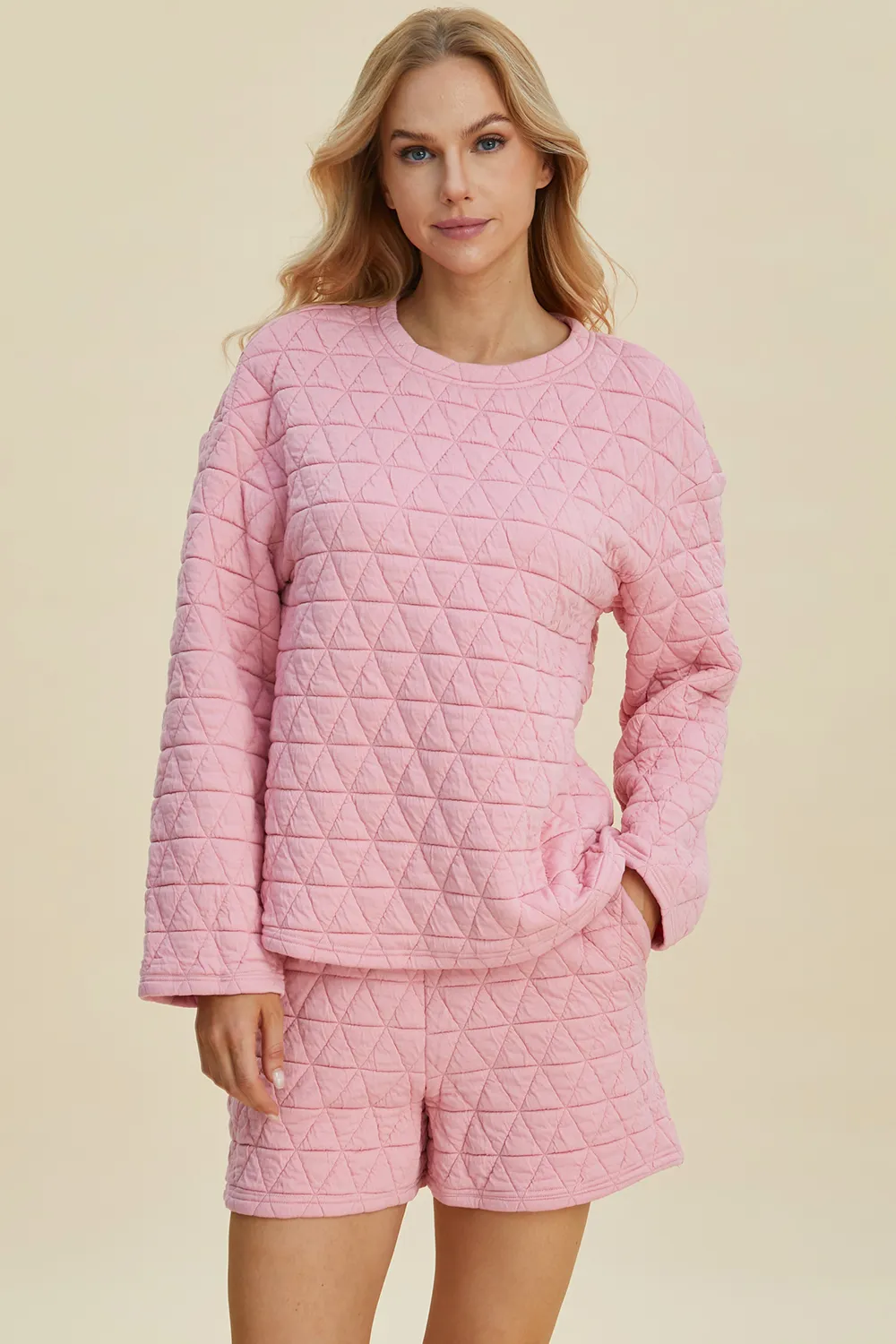 Full Size Texture Round Neck Long Sleeve Top and Shorts Set, image 4