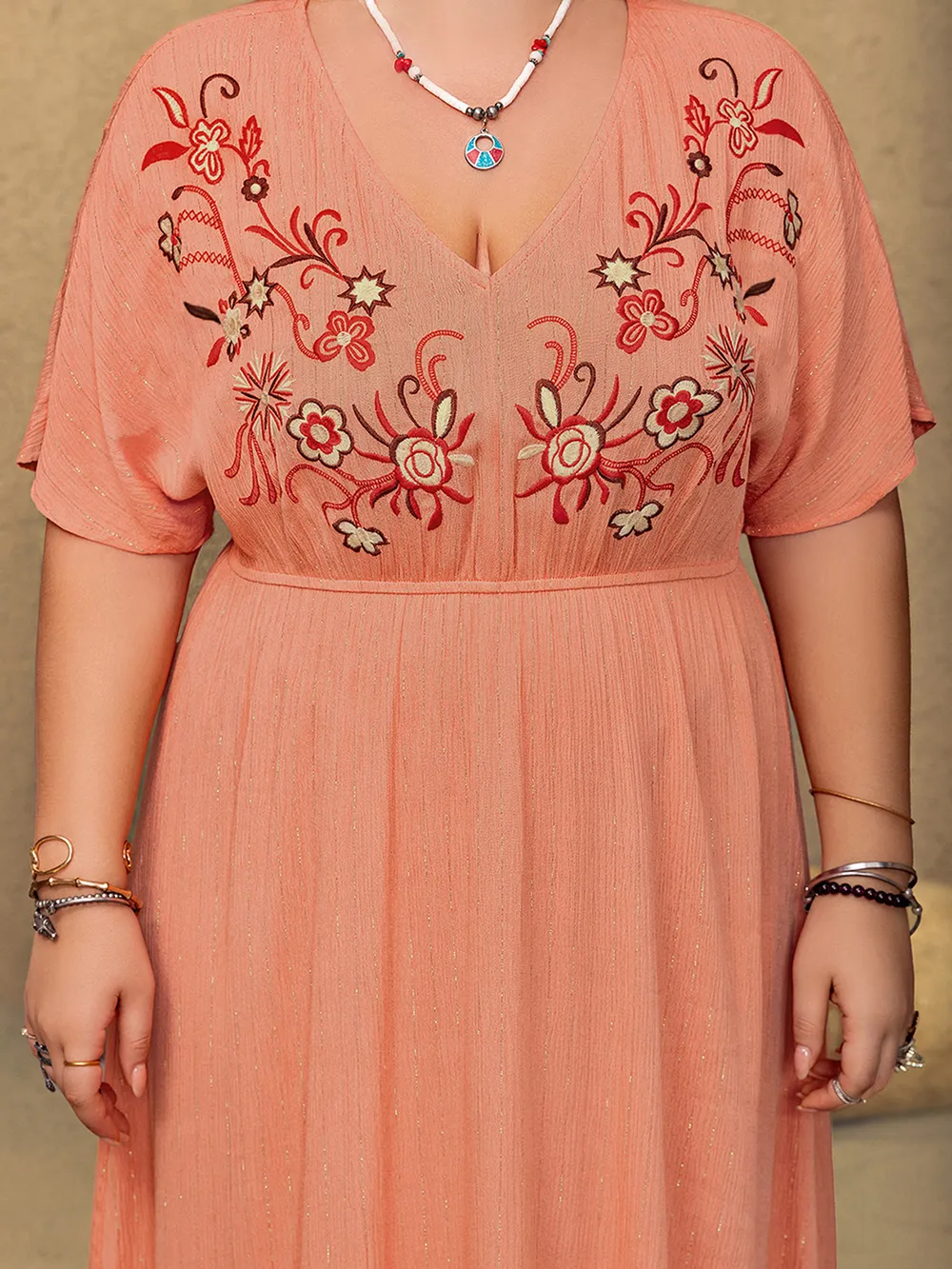 Plus Size Frill Embroidered V-Neck Half Sleeve Maxi Dress, image 2
