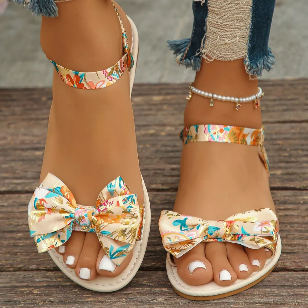 Floral Bowknot Ankle Strap Flat Sandals, image 7