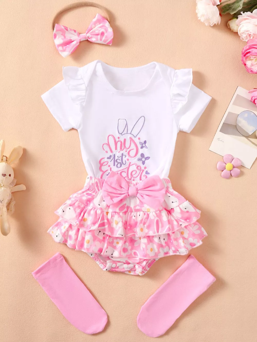 Children's Ruffled Trim Bodysuit and Skirt Set with Headband, image 17