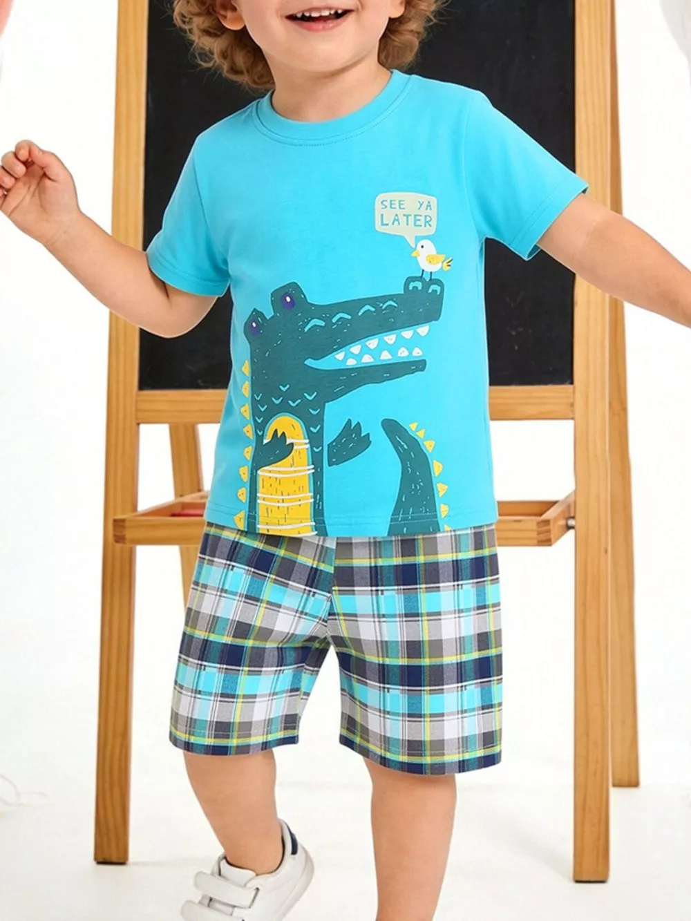 Children's Crocodile Graphic Tee and Plaid Shorts Set