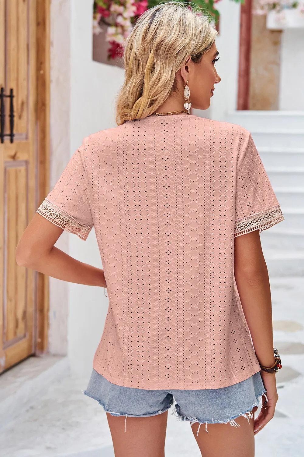 Eyelet V-Neck Short Sleeve T-Shirt, image 20