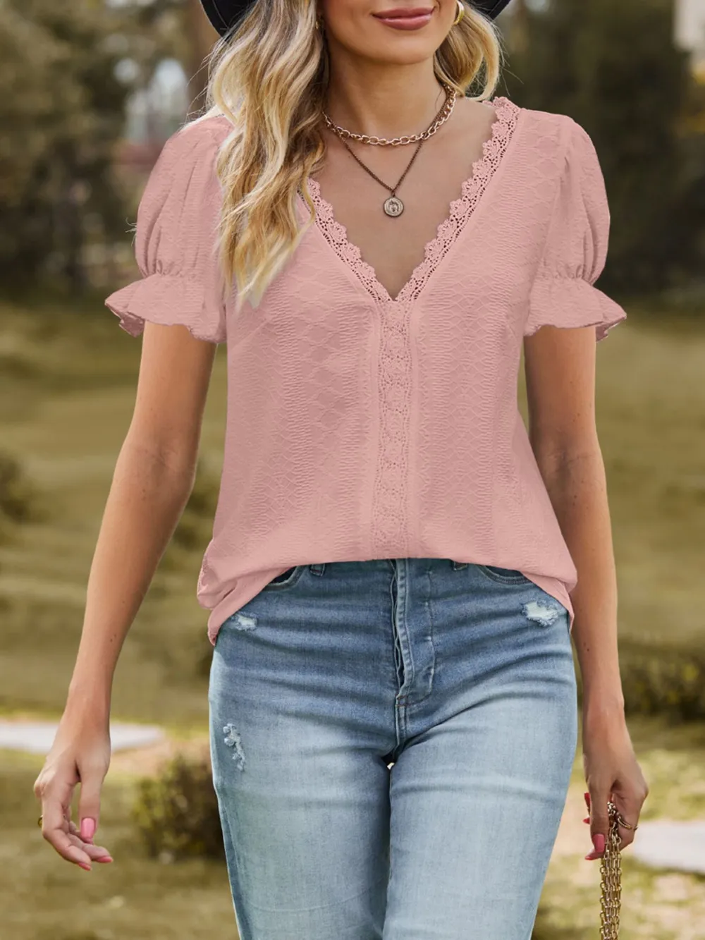Lace Trim V-Neck Puff Sleeve Blouse, image 8