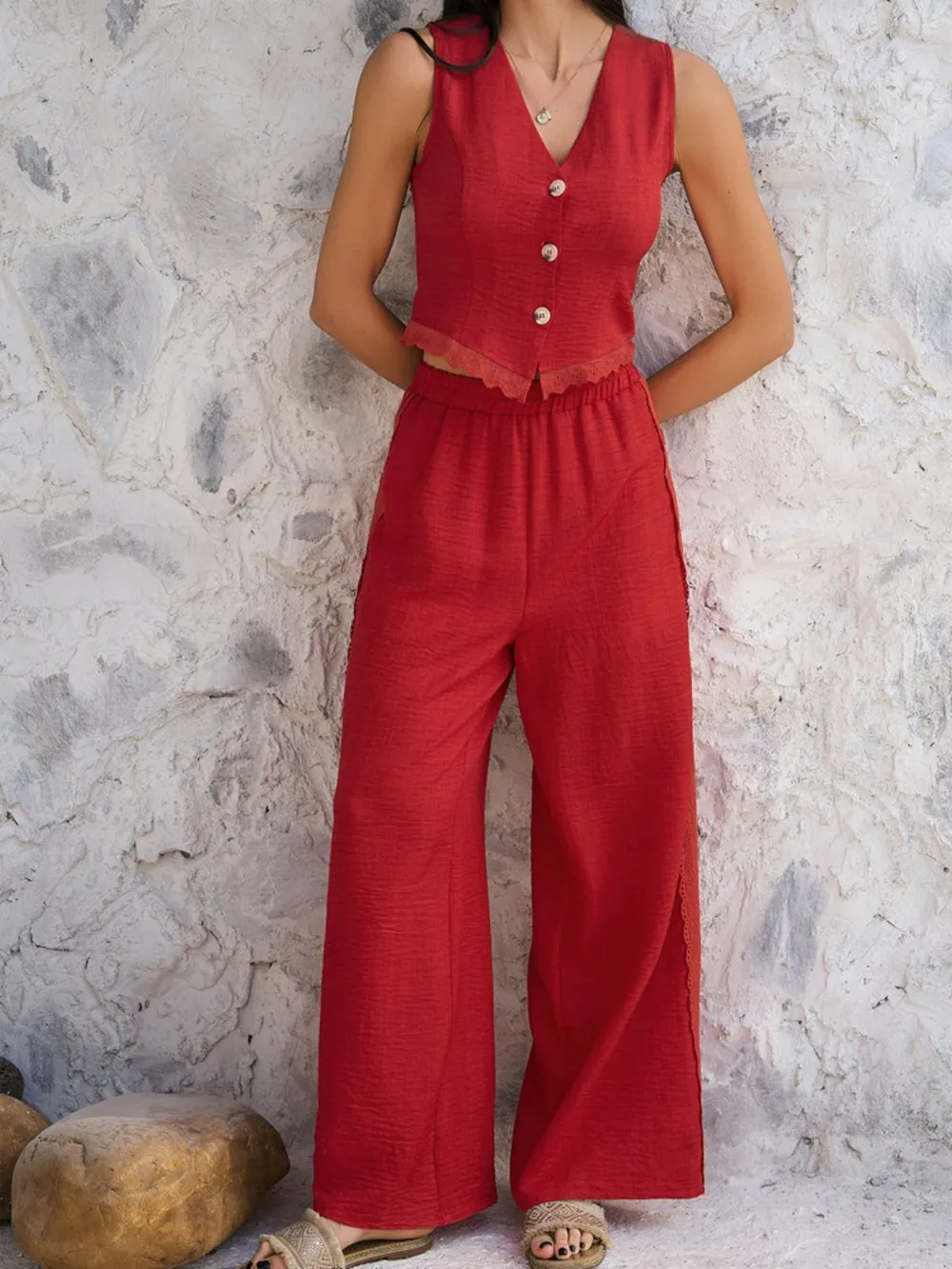 Button Down Lace Detail Vest and Pants Set, image 12