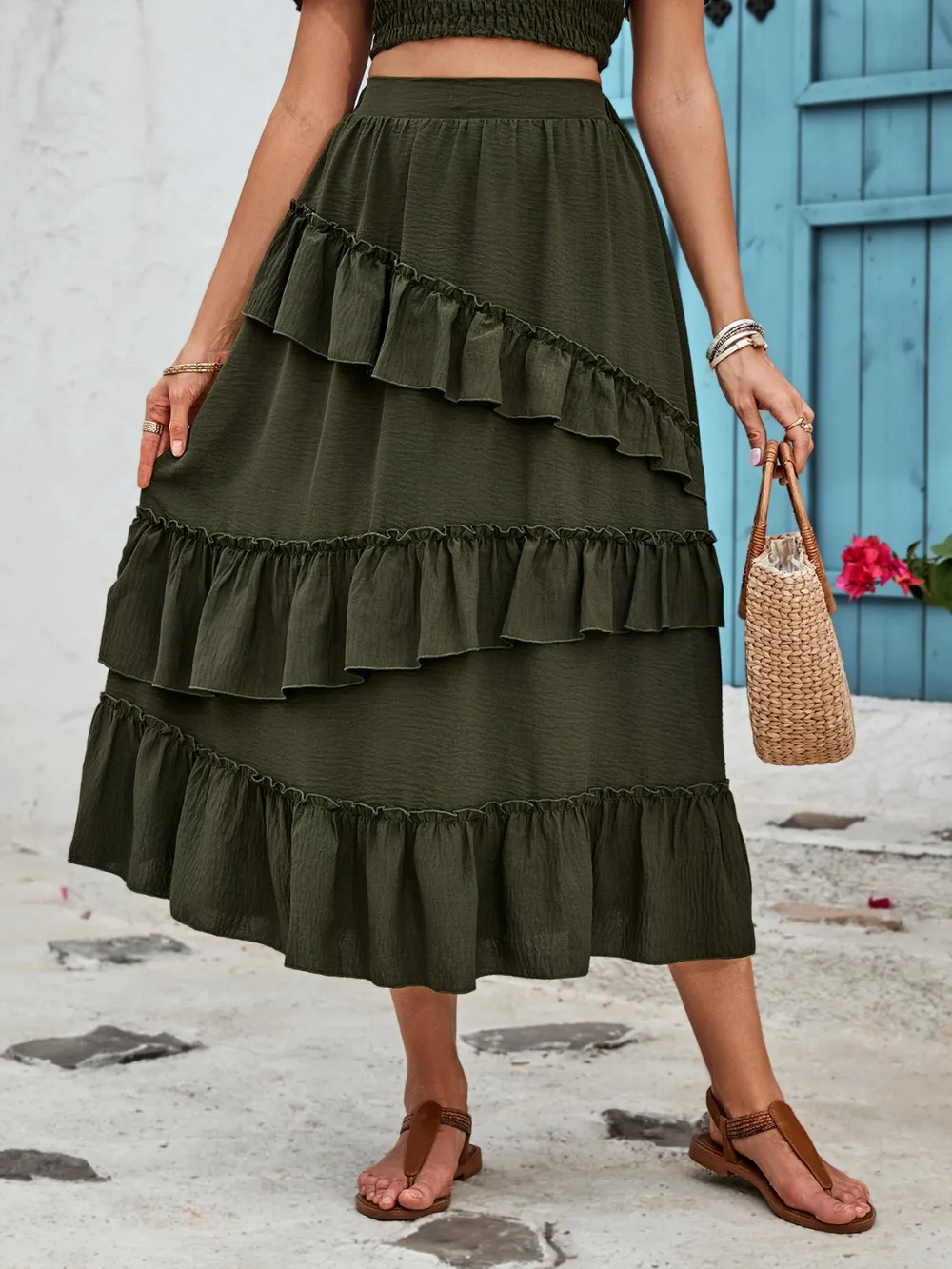 Ruffled Elastic Waist Midi Skirt, image 2