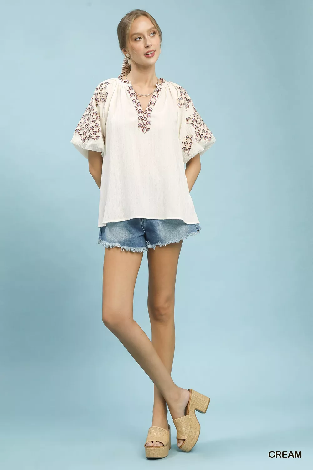 Embroidered Sleeve Contrast Trim Top, image 3