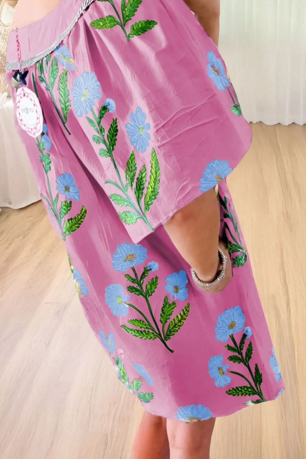 Floral Notched Summer Mini Dress with Striped Trim, image 3