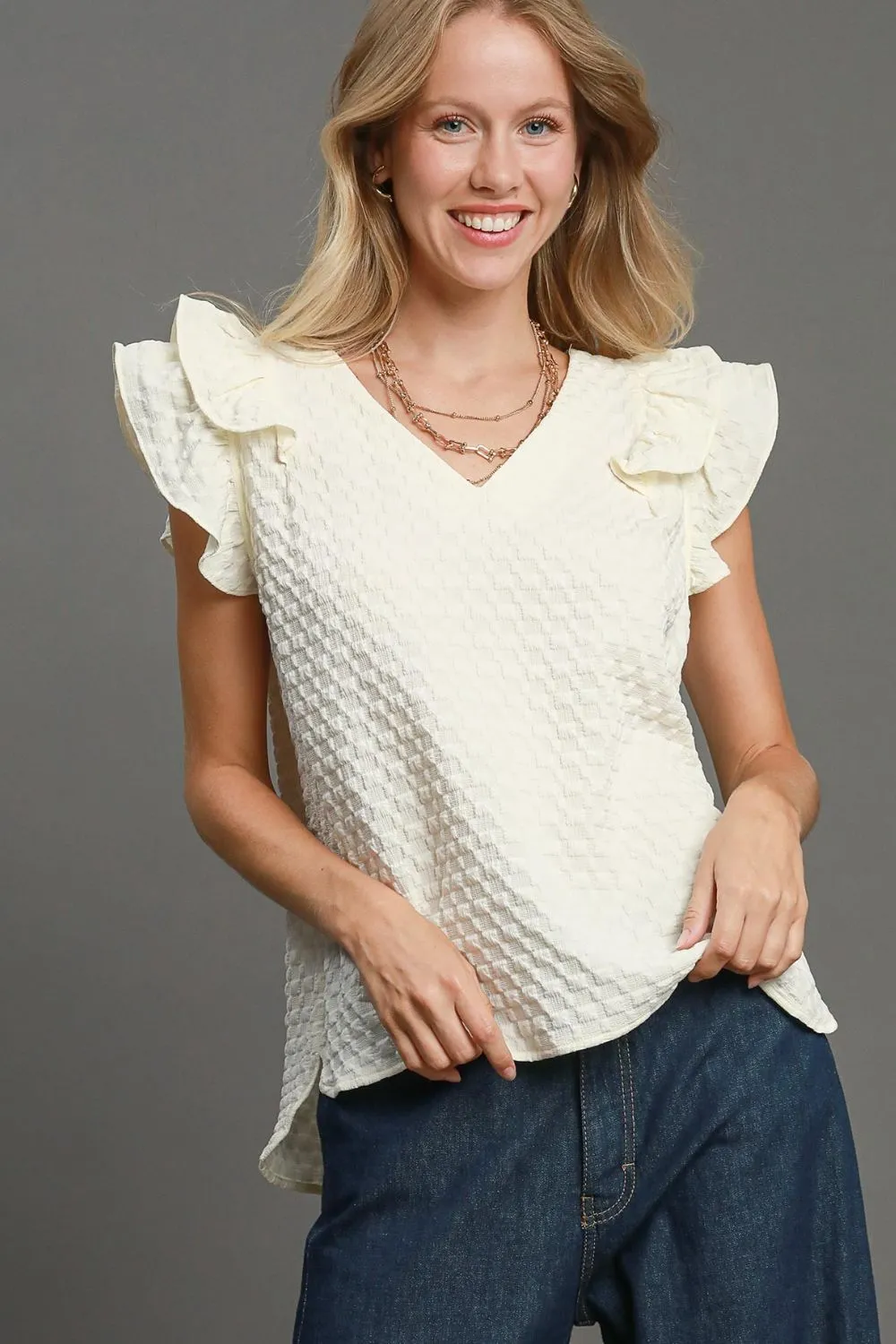 Full Size Textured Jacquard V-Neck Ruffle Cap Sleeve Blouse Plus Size