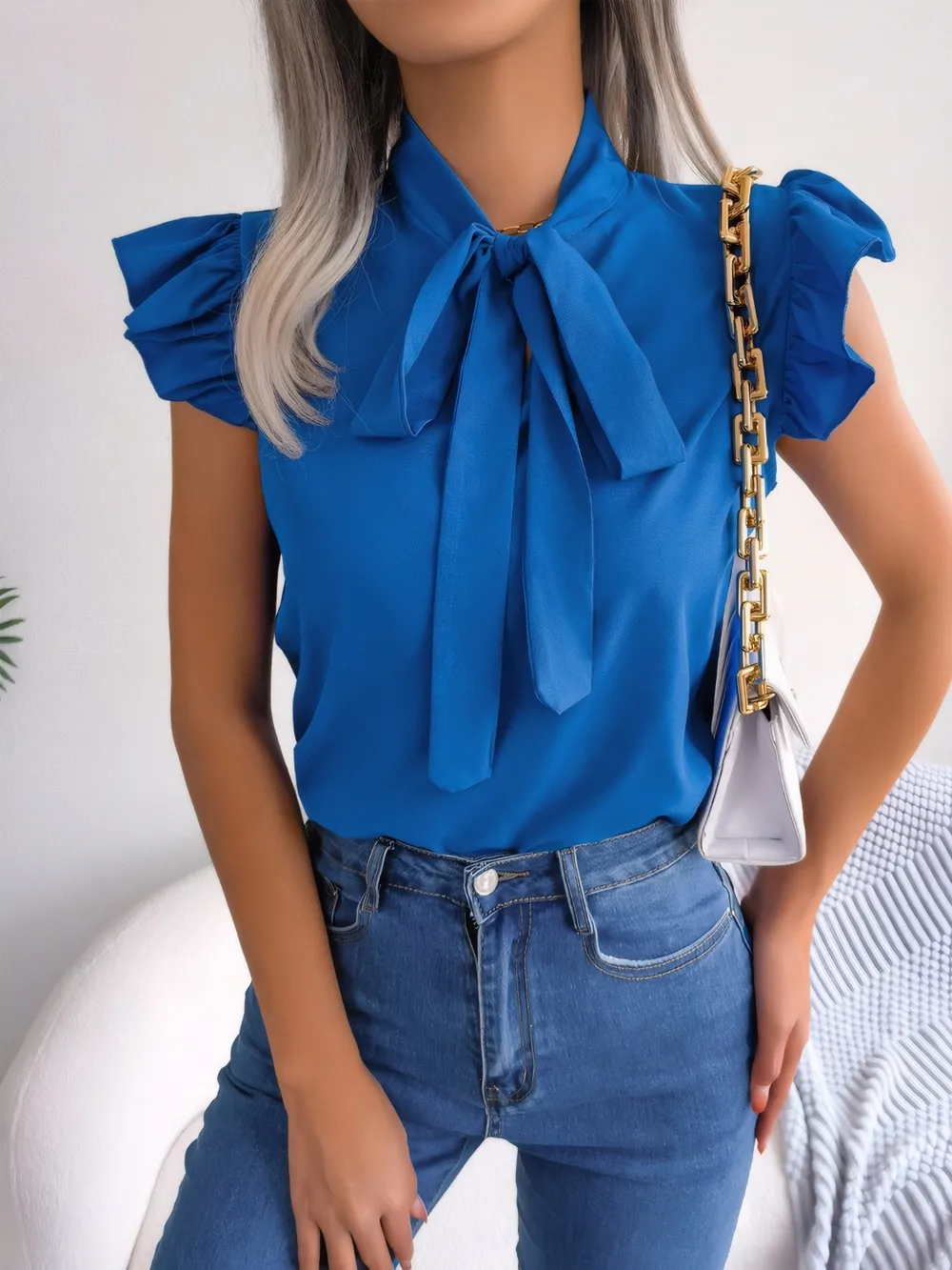 Ruffled Tie Neck Cap Sleeve Blouse, image 3