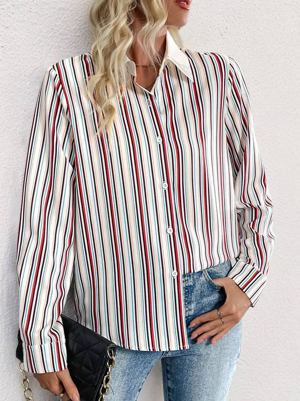 Contrast Striped Collared Neck Long Sleeve Shirt, image 3