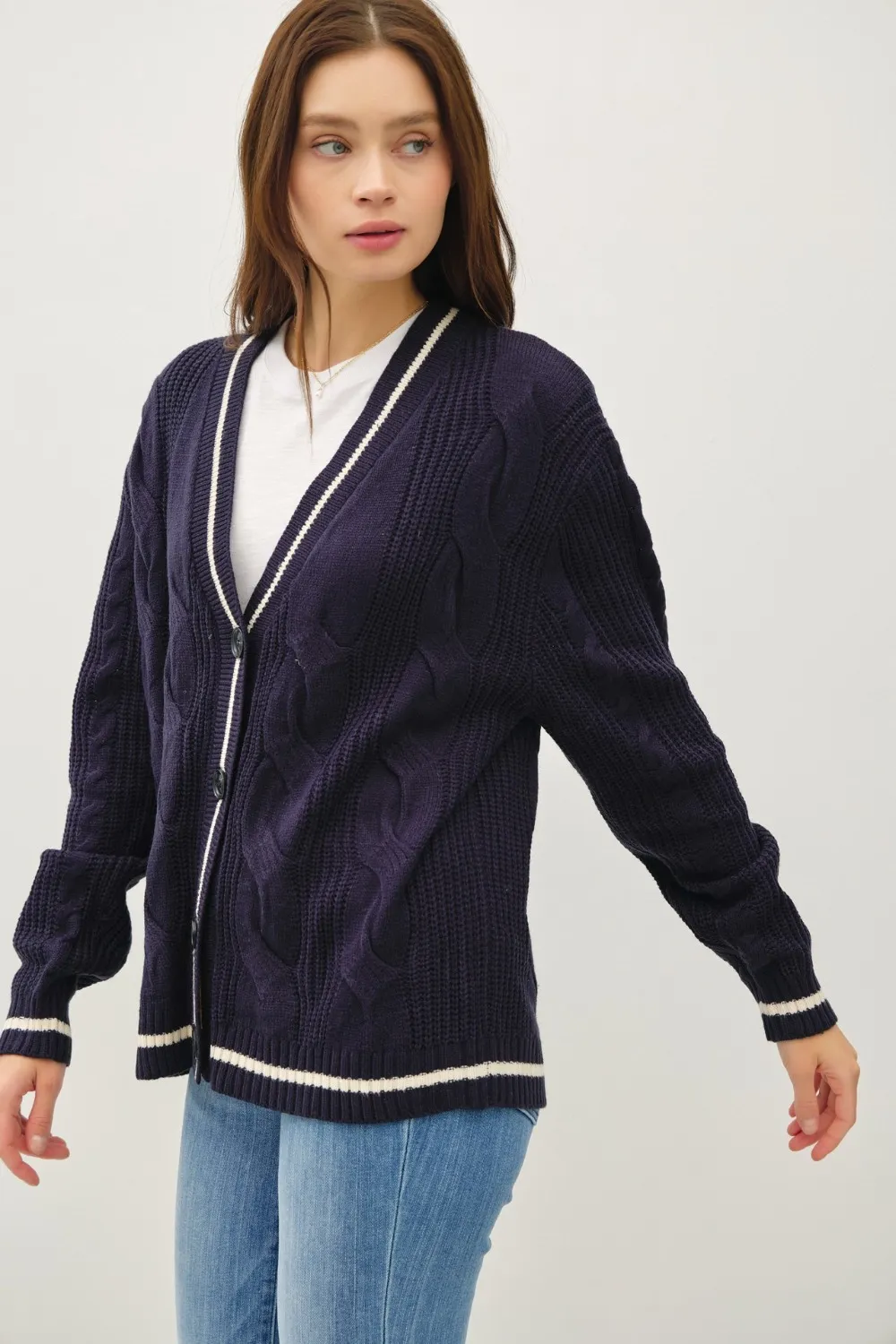 Contrast Trim Cable-Knit V-Neck Cardigan, image 2