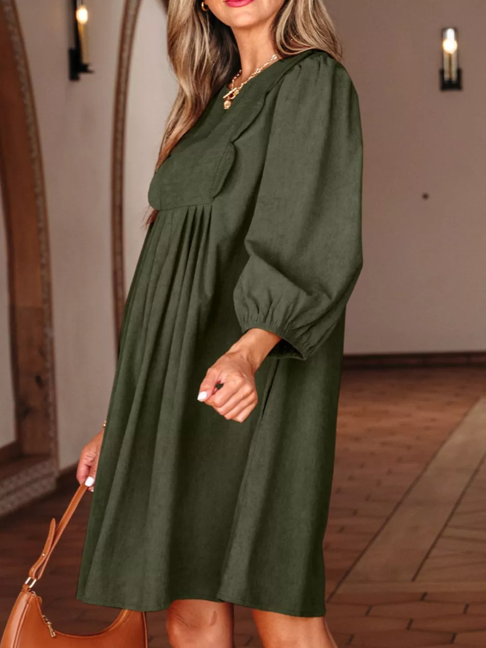 Bracelet Sleeve Split Neck Scallop Detail Pleated Corduroy Mini Dress, image 2