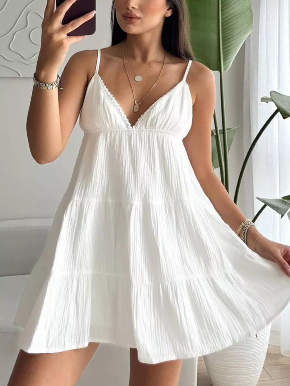 V-Neck Tiered Mini Dress, image 2