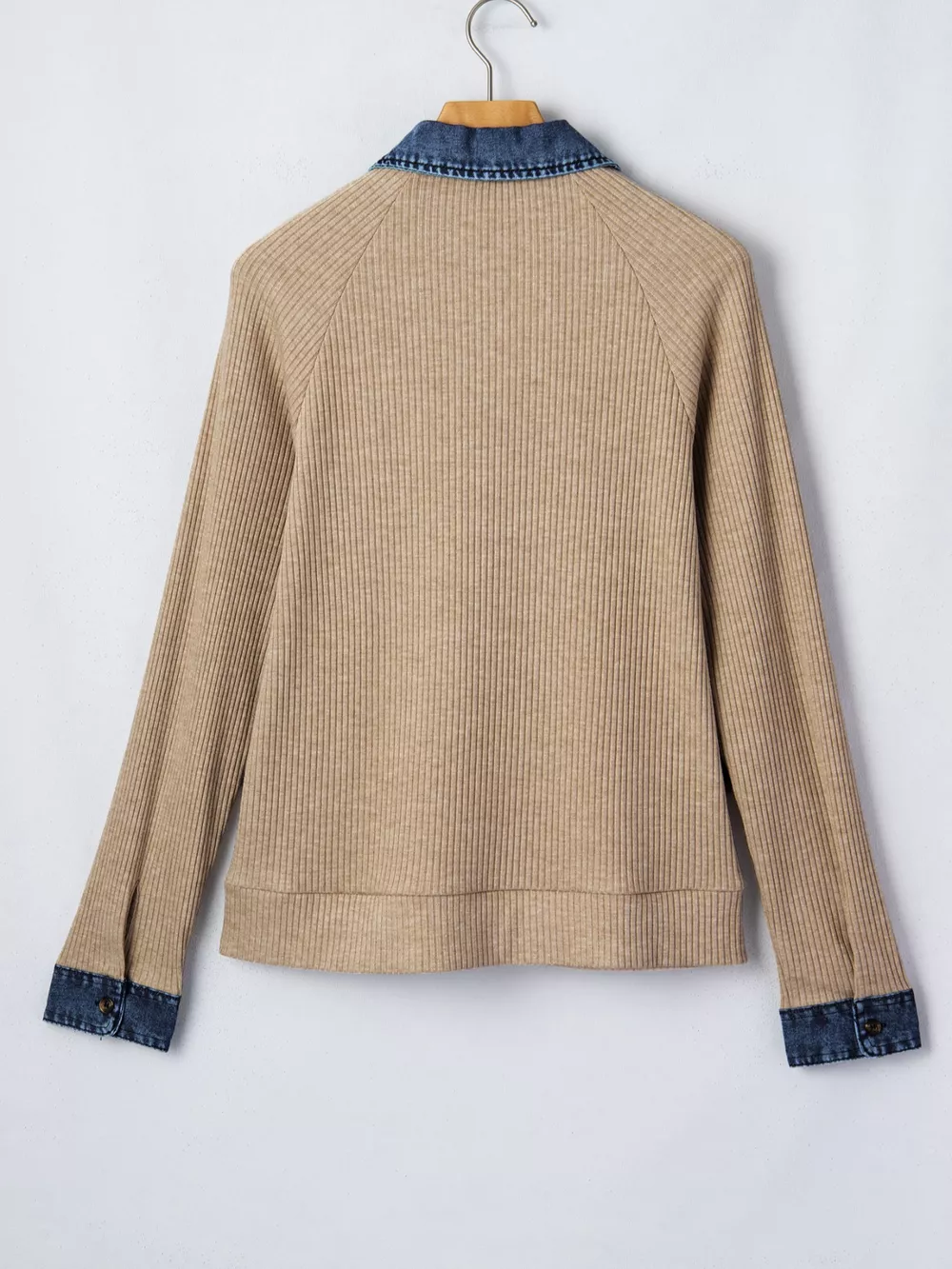 Ribbed Knit Denim Trim Button Detail Top, image 4