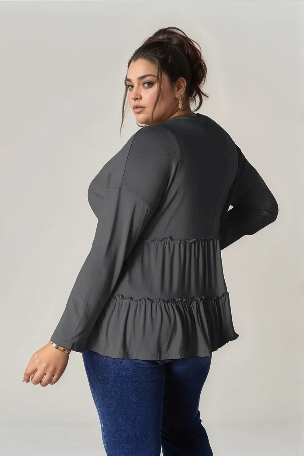 Half Button Long Sleeve Ruffle Hem Blouse, image 35