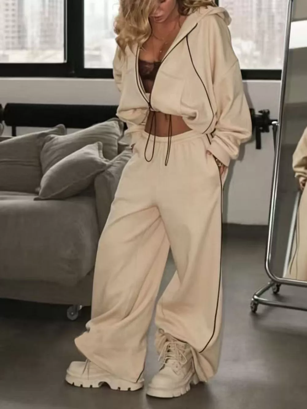 Cropped Zip-Up Hoodie and Wide-Leg Sweatpants Lounge Set, image 21