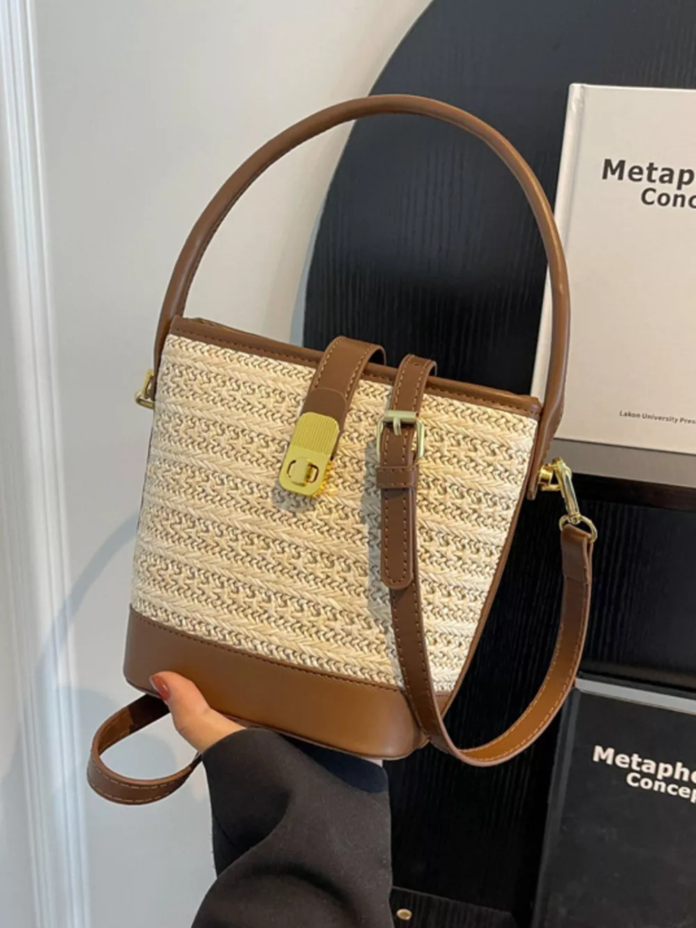 Woven Straw Bucket Crossbody Bag, image 7