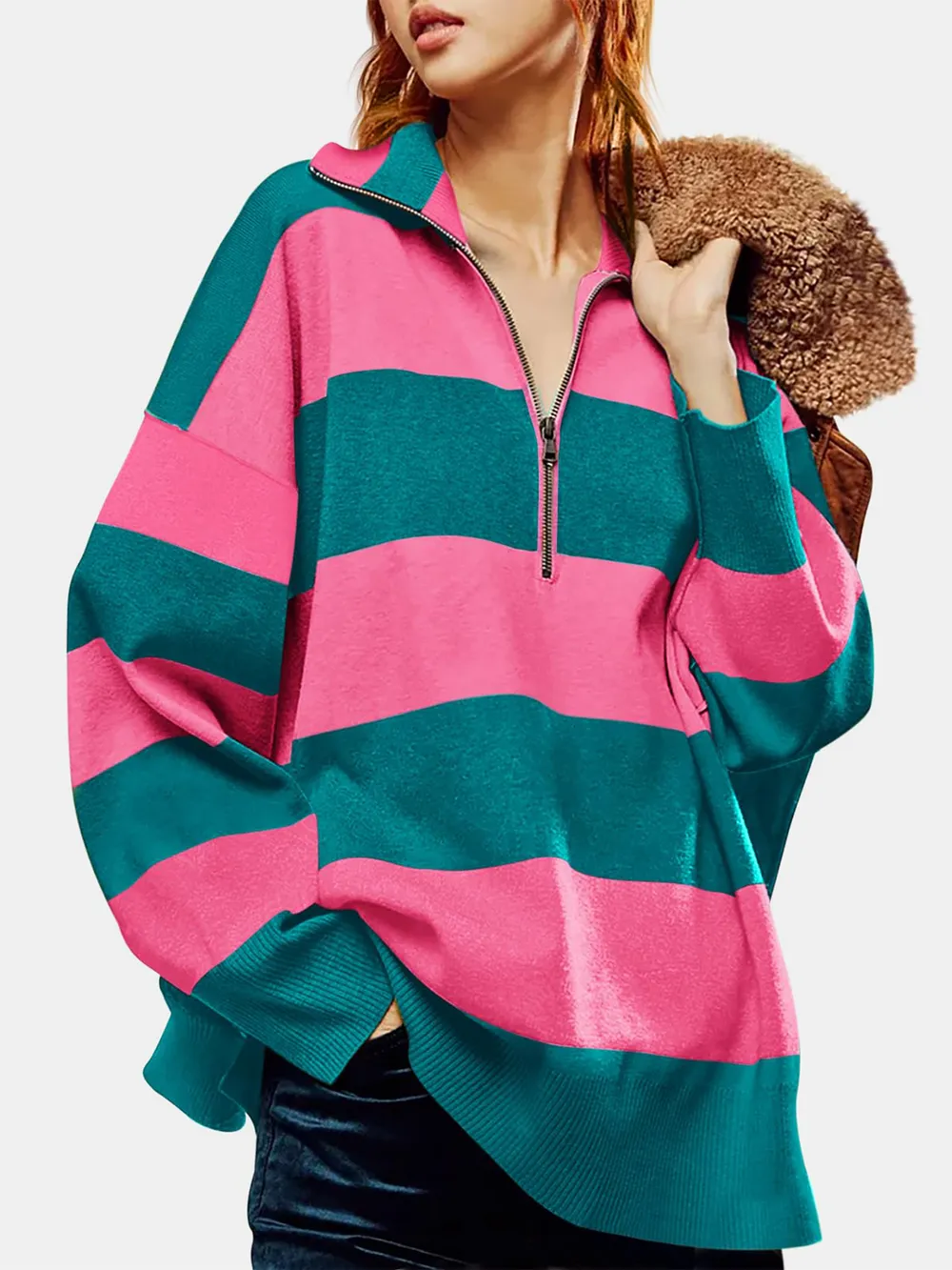 Color Block Half Zip Long Sleeve Sweater, image 3