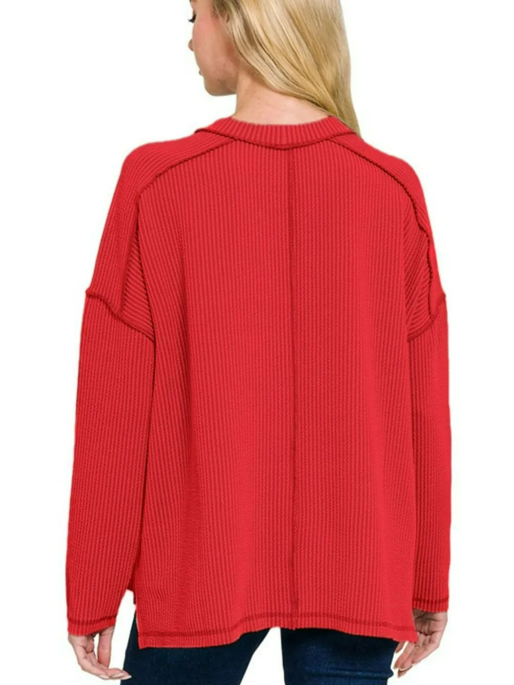 Full Size Exposed Seam Long Sleeve Corded Rib Knit Top Plus Size, image 3