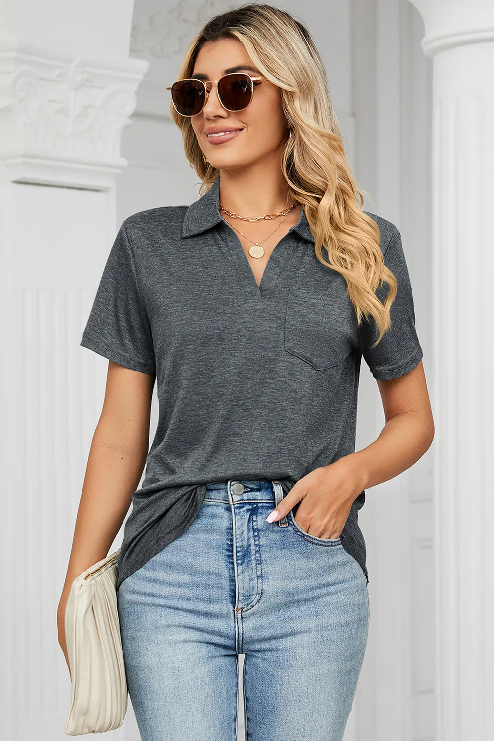 Johnny Collar Short Sleeve Blouse, image 7