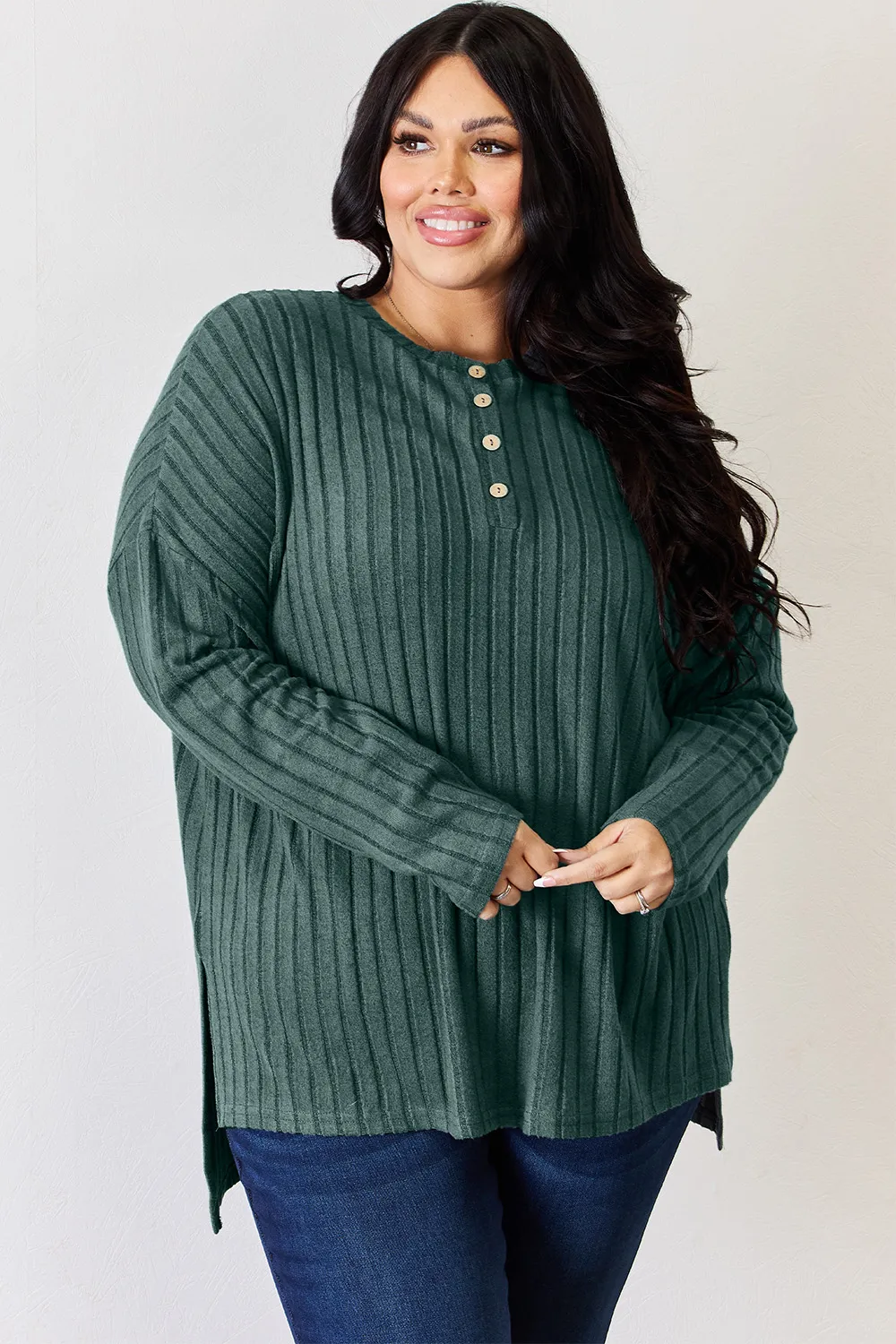 Full Size Ribbed Half Button Long Sleeve High-Low T-Shirt, image 9