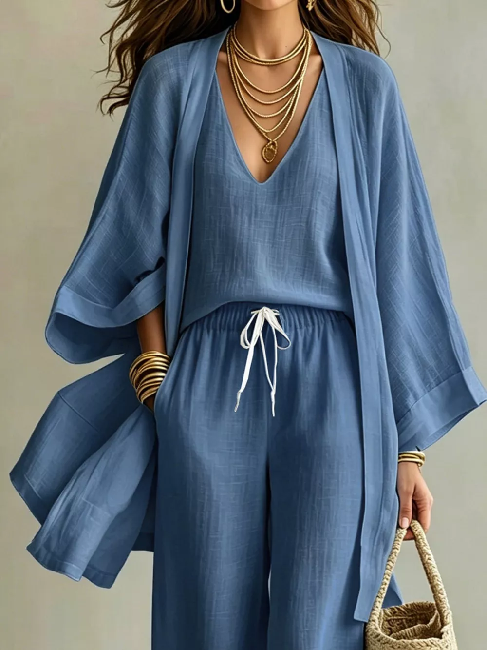 V-Neck Top & Cardigan & Pants Three-Piece Set, image 7