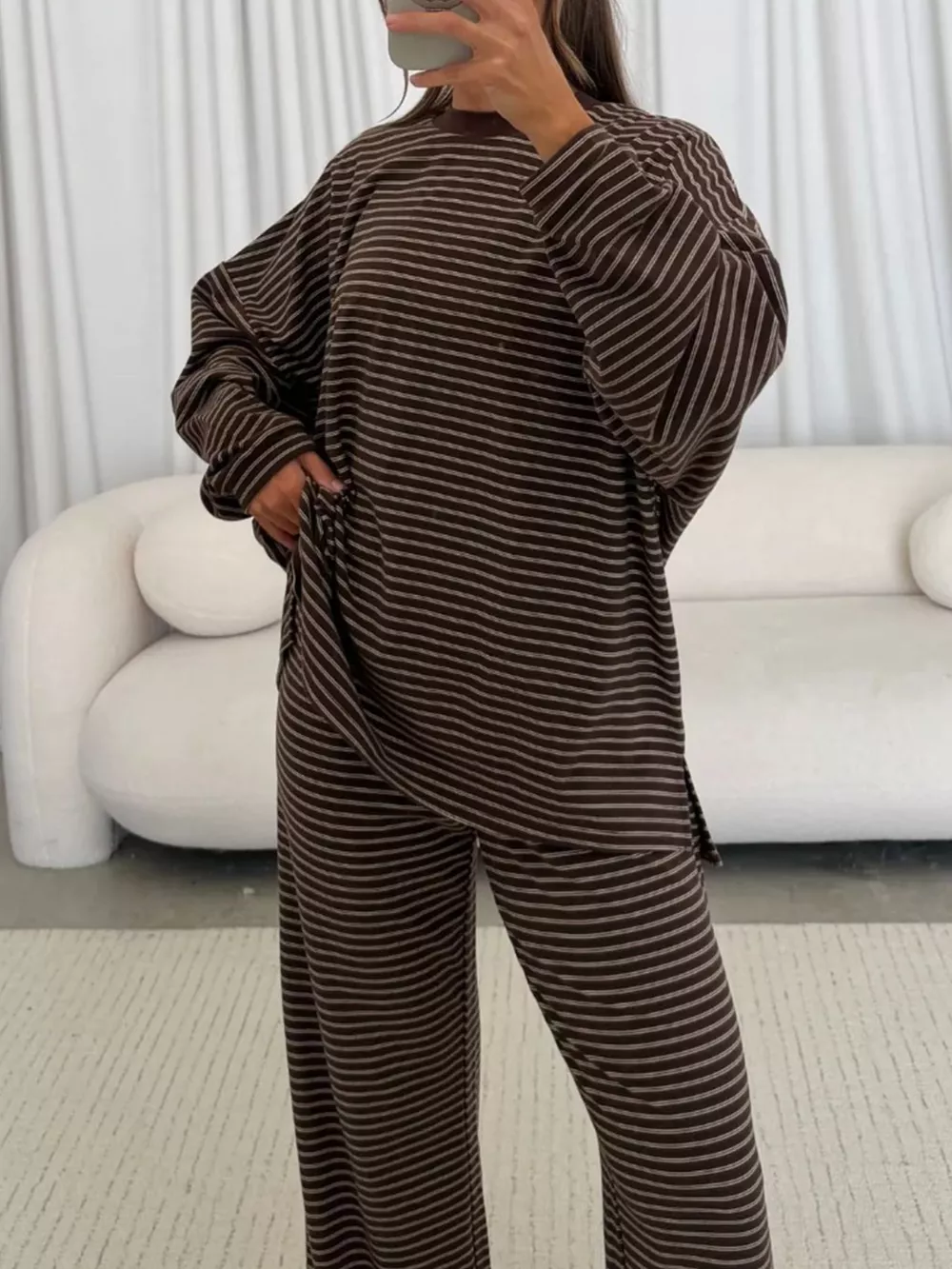 Striped Long Sleeve Top and Wide Leg Pants Set, image 8