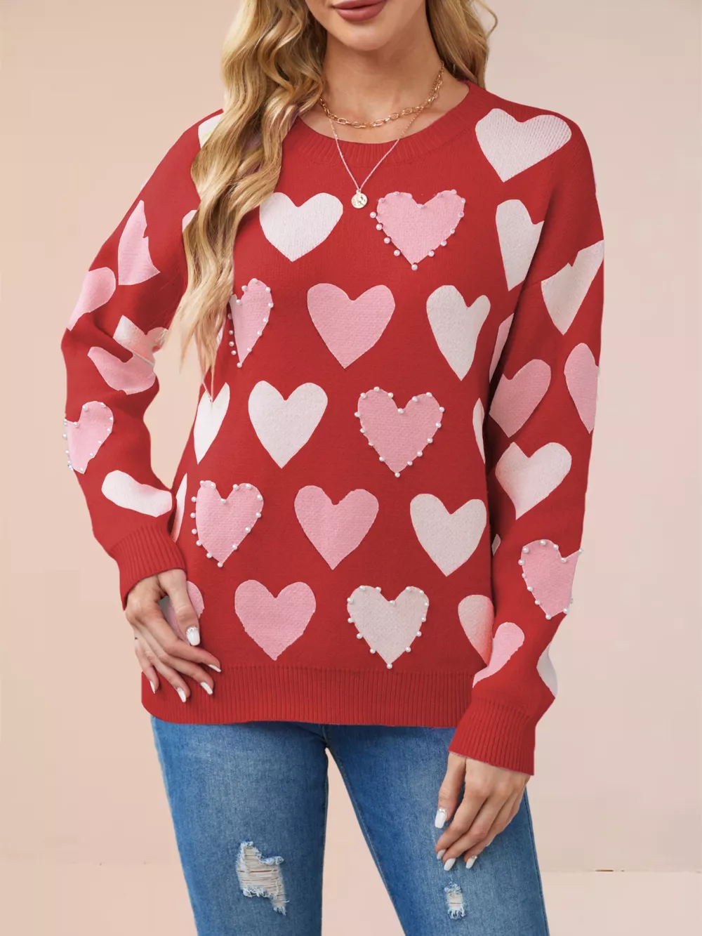 Heart Pattern Beaded Round Neck Sweater, image 15