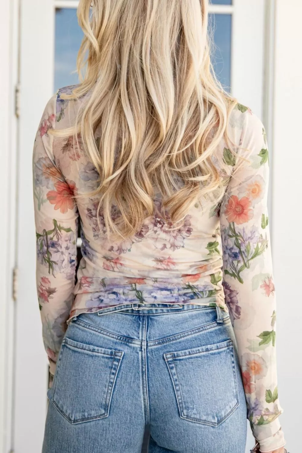 Floral Mesh Long Sleeve Thumbhole Hem Top, image 5