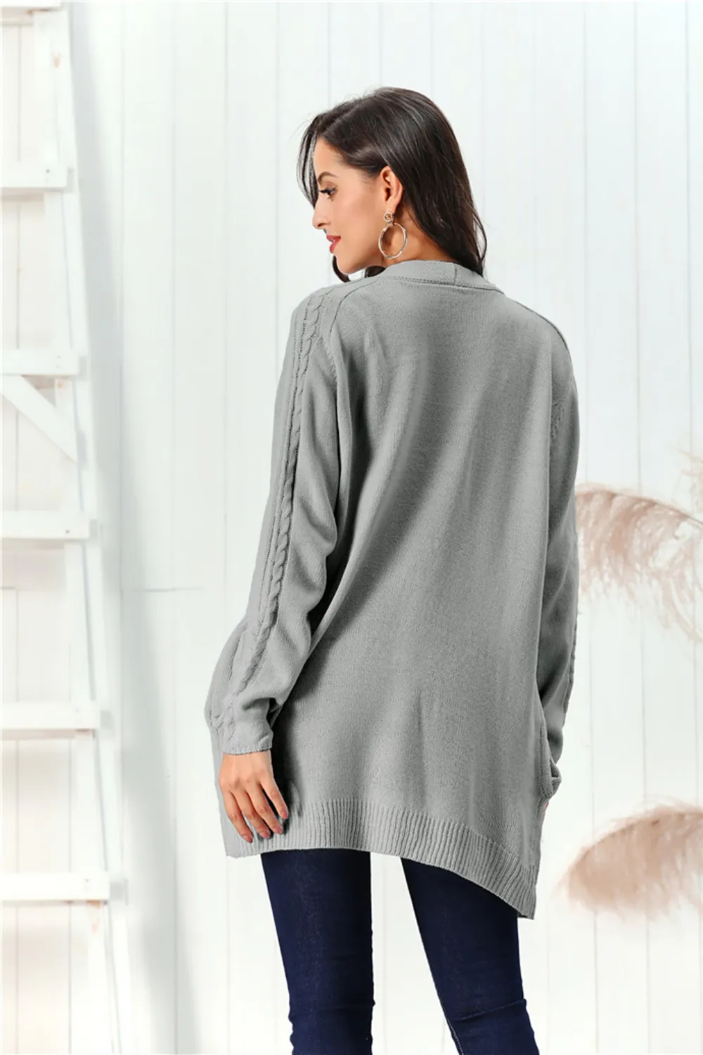 Cable-Knit Open Front Long Sleeve Cardigan, image 9