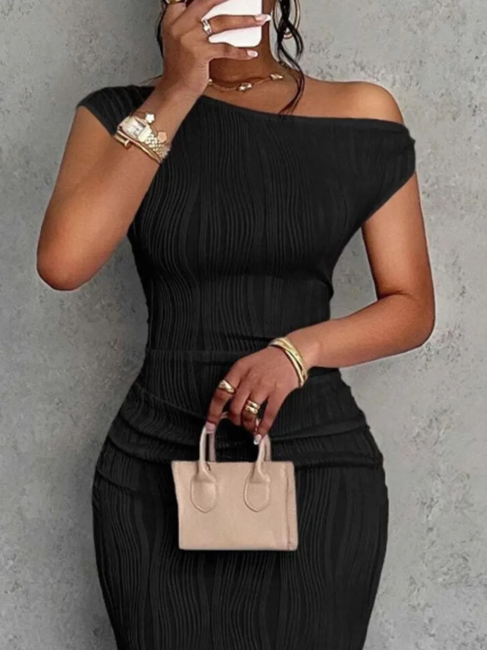 Textured Single Shoulder Bodycon Maxi Dress, image 3