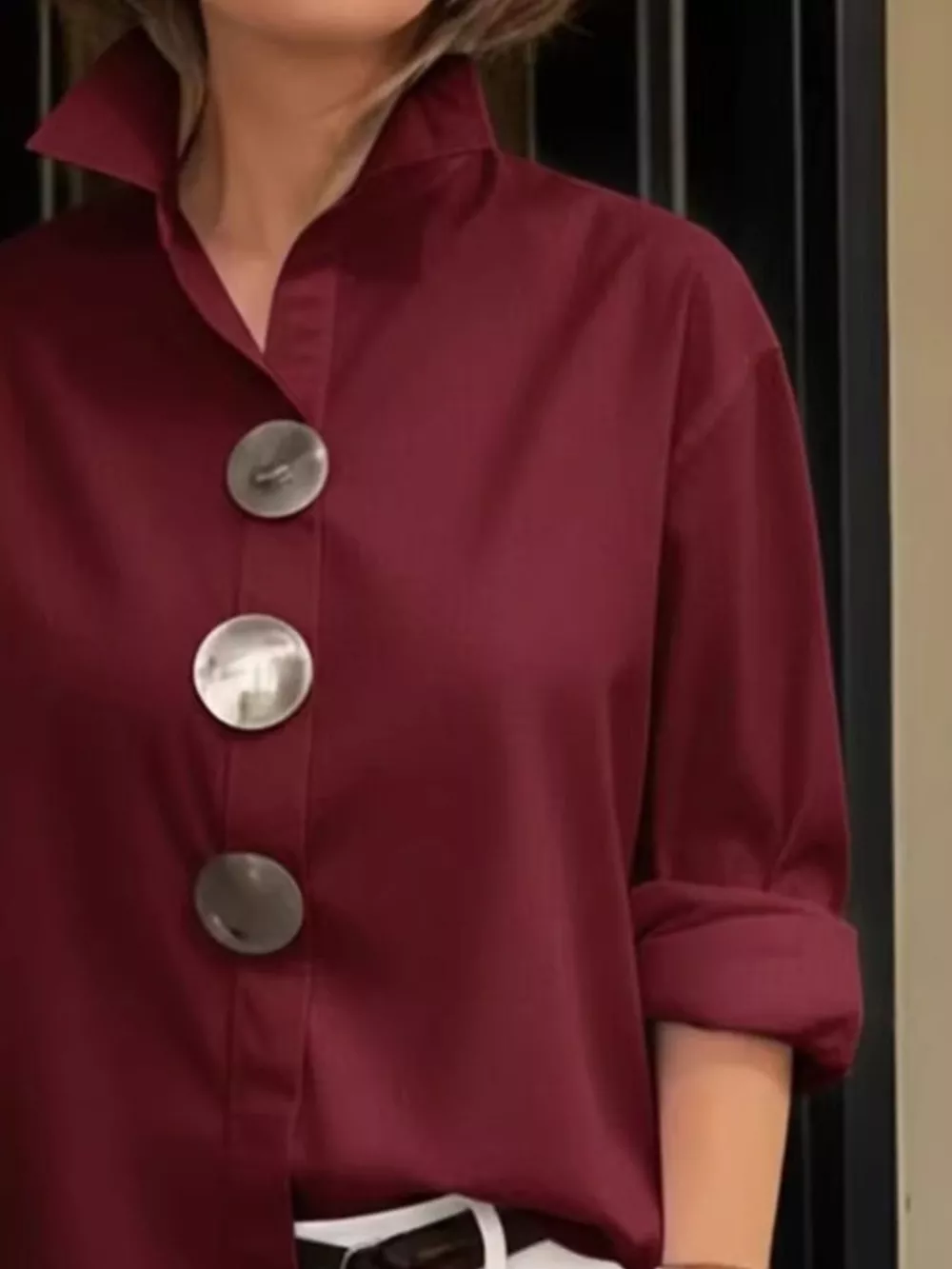Full Size Oversized Metal Button Long Sleeve Shirt Plus Size, image 6