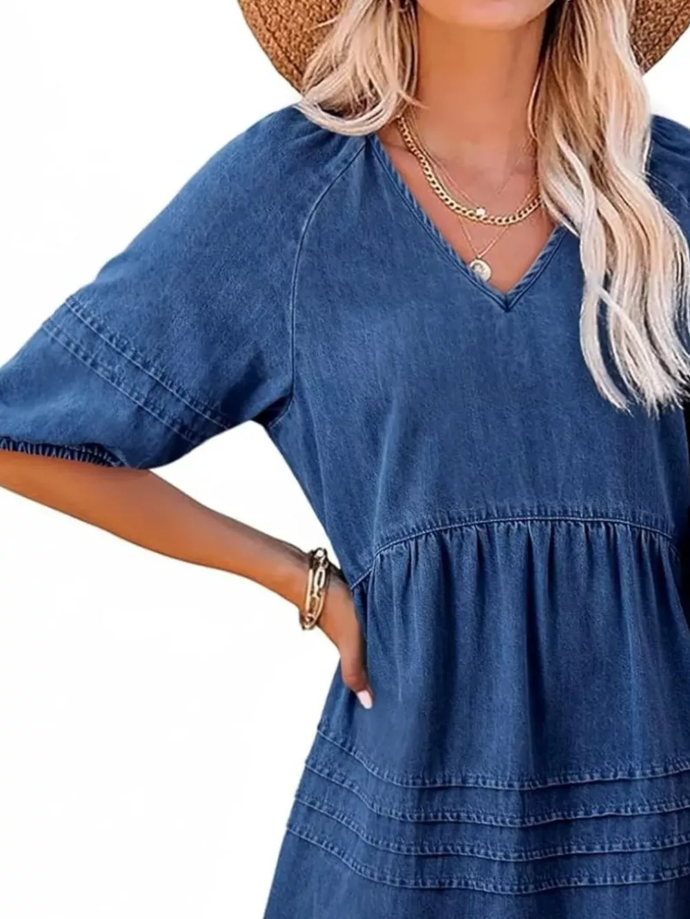 Casual V-Neck Puff Sleeve Denim Mini Dress, image 14