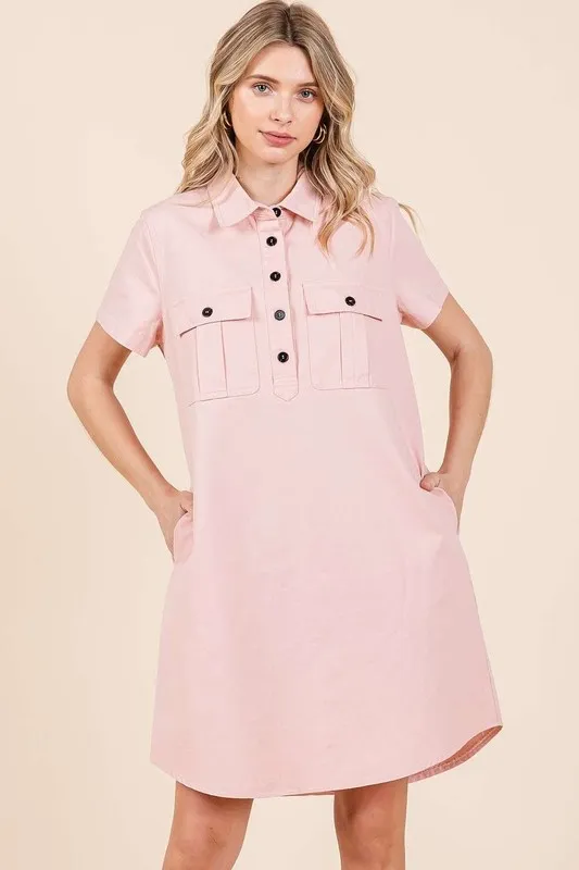 Button Detail Collared Neck Short Sleeve Shirt Dress