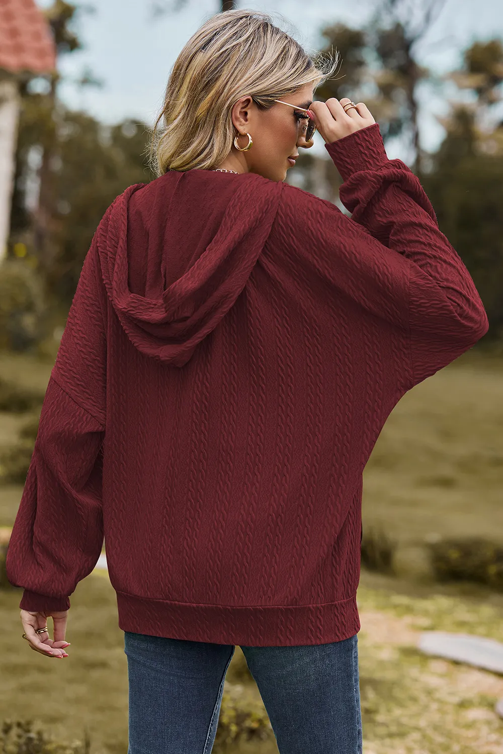 Drawstring Zip Up Dropped Shoulder Hoodie, image 20